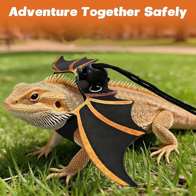 Dinosaur Wing Leash Harness for Bearded Dragons - 3-Size Adjustable Reptile Harness Set, Safe Escape-Proof Design for Lizards, Geckos, Iguanas & Small Pets (Black)