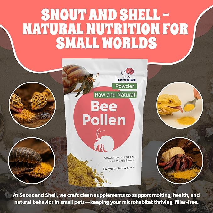 Snout and Shell Bee Pollen Powder for Hermit Crabs – Natural Food Supplement for Molting & Recovery – Auto Feeder Safe Powder Food Topper – No Filler Crab Nutrition Booster – 2.5 oz