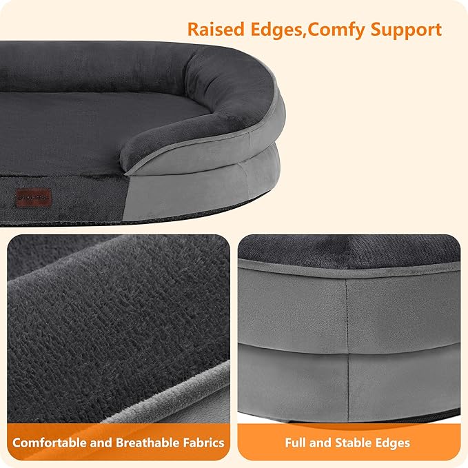 Dwanton Orthopedic Dog Bed for Medium Dogs with Gel Memory Foam, Waterproof Dog Sofa, Washable Pet Bed with Four Sided Bolster Cushion, Removable Cover & Non-Slip Bottom, 36", Dark Gray