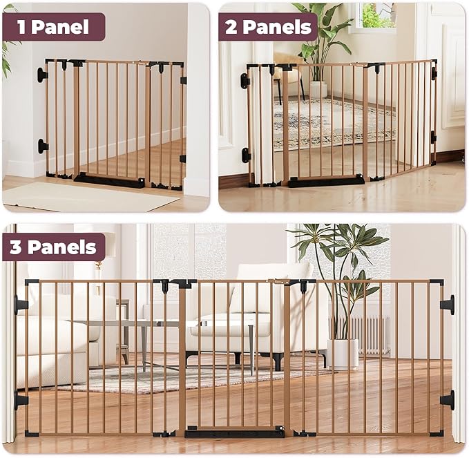 78" Extra Wide Baby Gate, Dog Gates Indoor for Doorways Stairs, Essential Safety Gate for Child, Hardware Mounted Adjustable Pet Gate with Anti-Trip Pedal, 28'' Tall 3 Metal Panels Brown