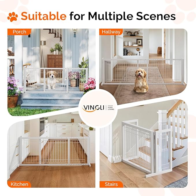 Bonnlo Free Standing Dog Gate, 37" - 68" Wide Pet Gate for Fireplace Stairs Doorways, Metal Adjustable Pet Fence Indoor, Christmas Tree Gate (Metal-White)