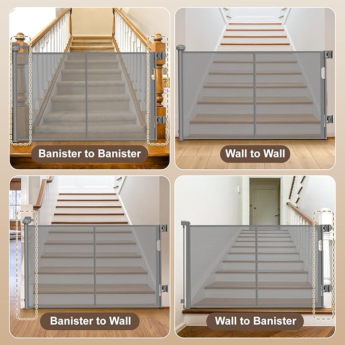 Upgraded Retractable Baby Gates for Stairs & Banister, Mesh Dog Gate Indoor, Extends to 55" Wide 33" Tall, Child Safety Gate for Stairway, Banister & Wall Mount (Gray)