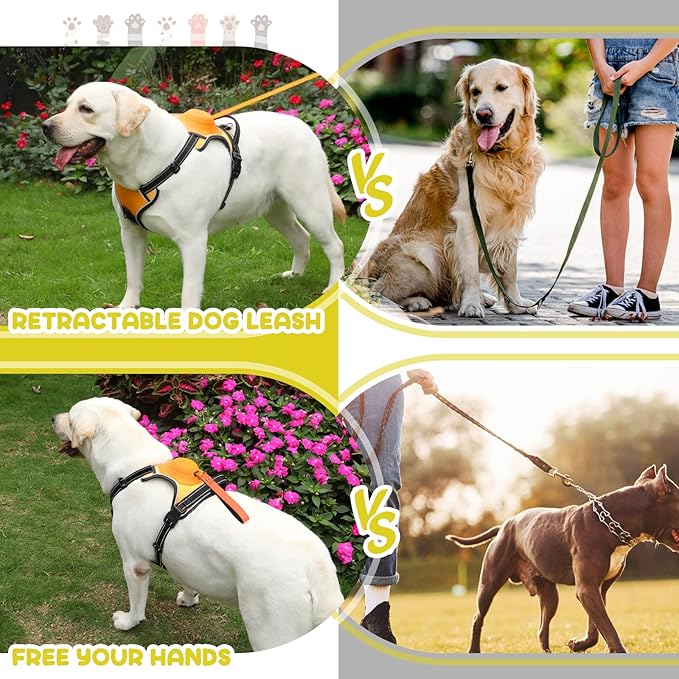 2-in-1 No Pull Dog Harness & Retractable Leash - Large Dog Harness with Auto-Lock, Reflective & Adjustable-L