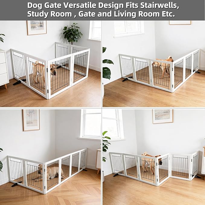 ZJSF Freestanding Dog Gate Indoor, Foldable Dog Fence for Doorways,Hallways or Stairs, Sturdy Wood Extra Wide Pet Gate with Support Feet,White,32 "Height-6 Panels