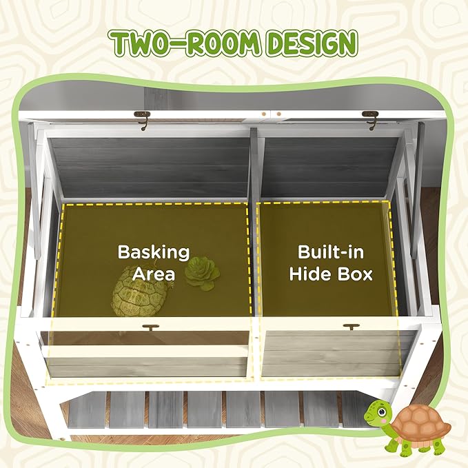 PawHut Tortoise Habitat with Shelf Storage, Tortoise Enclosure with Weather Protection, Reptile Gift Accessory, Reptile Enclosure with Tray, Light Support Frame, Light Gray
