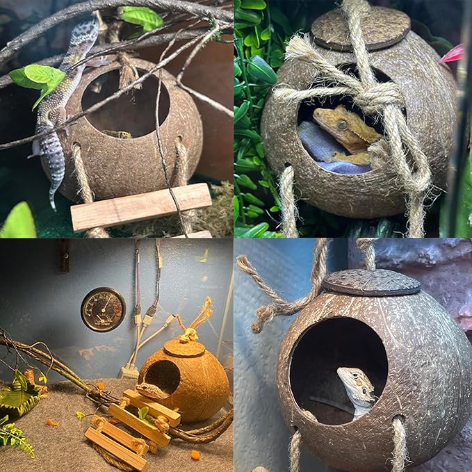 Crested Gecko Tank Accessories,Gecko Coconut Hut Hideout with Ladder Reptile Hammock Lizards Hanging Plants Flexible Climbing Jungle Vine Leaves Terrarium Decor