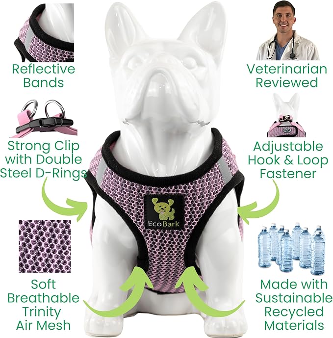 EcoBark Step in Dog Harness - Eco-Friendly Dog Harnesses for Small and Medium Breed Dogs - Reflective and Adjustable Body Halter Vest - Soft Mesh Toy Breed Harness (Lilac Pink, XL)