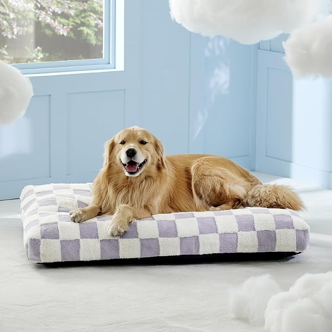 LE SURE Extra Large Dog Bed-Thick Shredded Chopped Foam Pet Bed Indoor with Removable Cover, Cute Modern Fuzzy Plush & Anti Slip Bottom, Purple