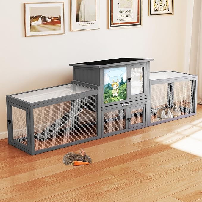 COZIWOW Large Wooden Rabbit Hutch Outdoor Indoor Bunny Cage, 2-Level Small Animal House Enclosure with All-Covered Sloped Roof (Grey with Warm)