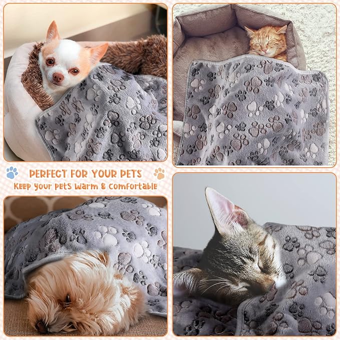 Tatuo 4 Pcs Dog Blanket for Pet Cat Blankets Indoor Puppy Teething Stuff Toys Paw Print Fleece Blanket Warm Sleep Mat for Guinea Pig Cage(Gray,X-Large(41 x 30 Inch),Square)