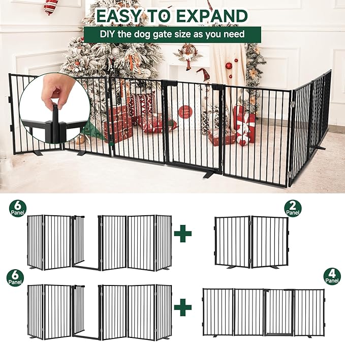 Snagle Paw Full Metal Freestanding Dog Gate with Door, 120” W x 24” H Pet Gate with Support Feet for Doorways, Stairs and Hallways, Portable Dog Fence for Indoor Use(24" 6 Panel, Black)