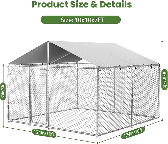 10x10 FT Outdoor Dog Kennel with Waterproof Roof - Heavy Duty Metal Exercise Pen, Weatherproof UV-Resistant Cover & Secure Locking for Large Dogs（124 x 124 x 87IN）