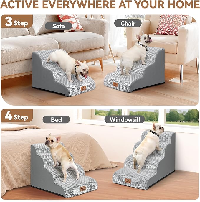 Zerbuger Dog Ramp and Stair for Bed 16" H-20 H,3-Step Cat Stair for Sofa and Chair,4-Step Dog Ramp for High Bed and Window,Durable Nonslip Fabric Cover for Indoor (Light Grey-20 H, Pet Friendly, 4)