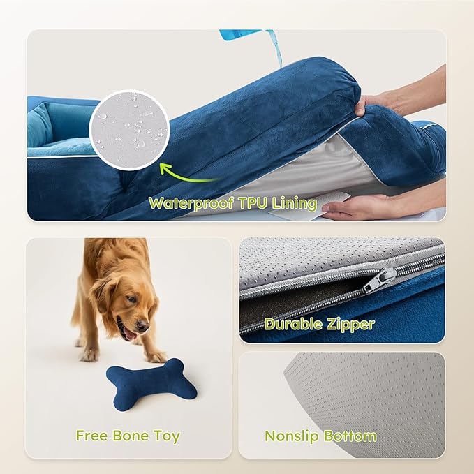 CWAWZ XXL Dog Bed for Extra Large Dogs, Giant Orthopedic Dog Bed with Cooling Gel Memory Foam, Waterproof Pet Bed with Removable Washable Cover, 53" Pet Sofa Bed Dutch Velvet with Bone Toy, Navy Blue