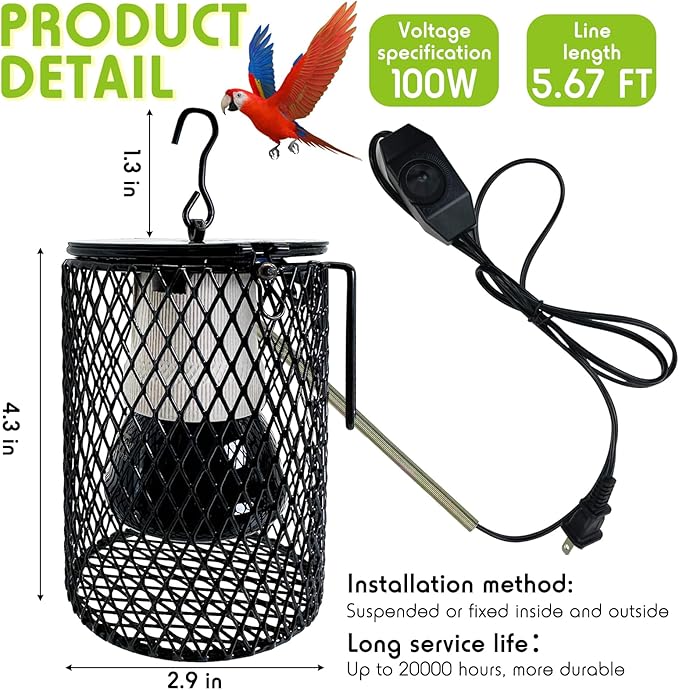 Hamiledyi Ceramic Heat Lamp Bulb with Lampshade Reptile Heat Lamp Guard Adjustable Heat Lamp from 0-100W Bird Cage Heater Anti-Scald Heating Bulb No Light Emitter for Reptile Bearded Dragon Turtle
