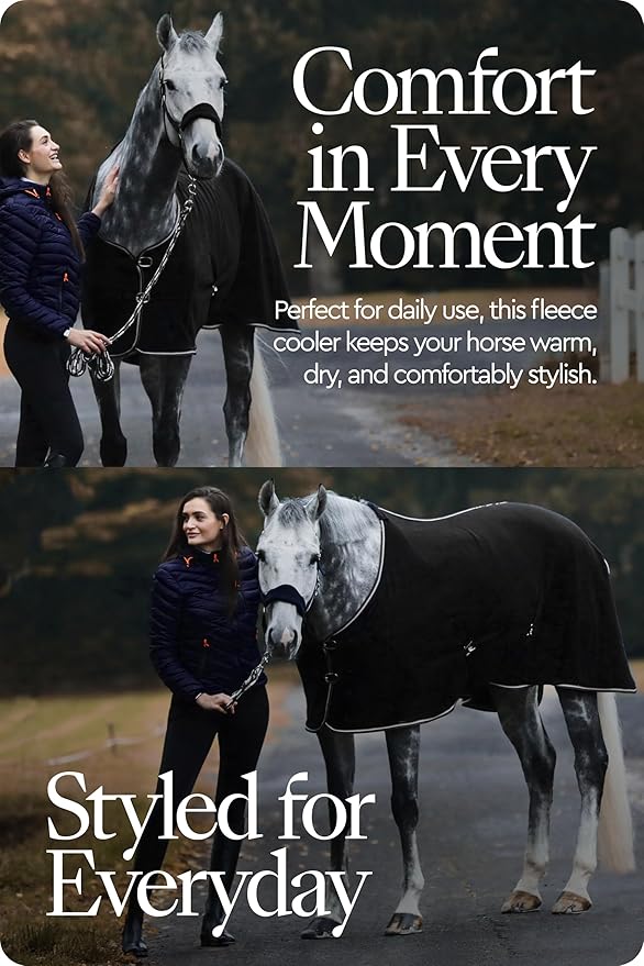 HORZE Kiel Fleece Horse Cooler Blanket | Quick-Dry Fleece Horse Cooler Sheet with X-Surcingles & Tail Cord - Black - 72 in
