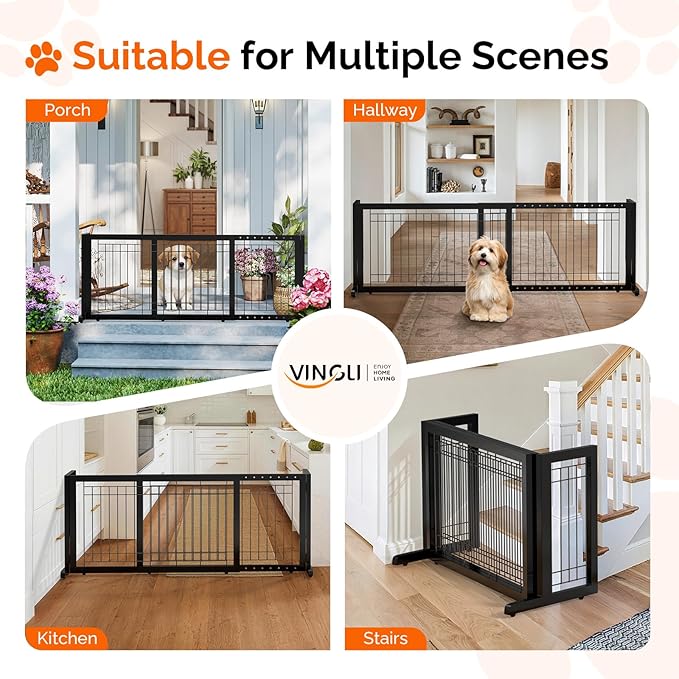 Bonnlo Free Standing Dog Gate, 37" - 68" Wide Pet Gate for Fireplace Stairs Doorways, Wooden Adjustable Pet Fence Indoor, Christmas Tree Gate (Black)