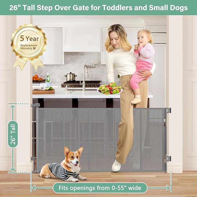 Reinforced 26 Inch Tall Retractable Child Gate to Step Over 55" Wide Small Retractable Baby Gates for Stair Retractable Dog Gate Short Mesh Dog Gate Retractable Toddler Gates for Doorways Doggy Gate