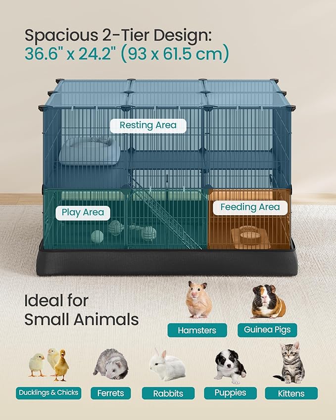 SONGMICS 2-Tier Guinea Pig Cage, Rabbit Cage, Small Animal Playpen with Waterproof Mat, Top and Side Door, 35 Panels, 36.6 x 24.8 x 24.2 Inches, Ink Black ULPI016BH01