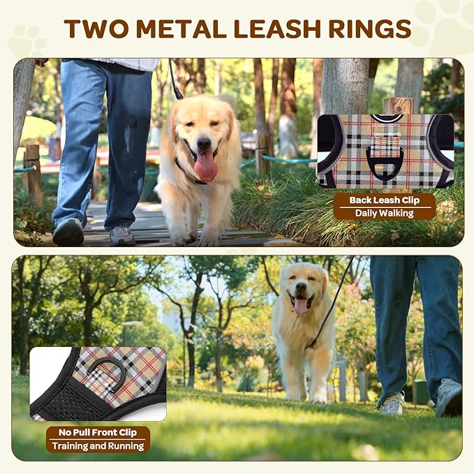 FURRYFECTION Plaid Dog Harness for Large Dogs, Reflective No Pull Adjustable Pet Vest with Front Clip, Leash, Easy Control Handle and Seat Belt, Beige&White, XL