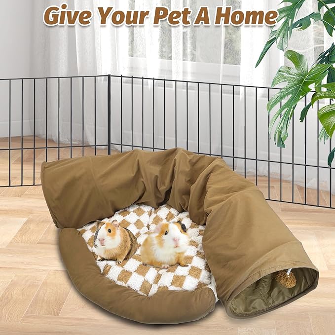 PINVNBY Large Bunny Tunnel Bed Removable and Cozy Guinea Pig Hideout Tunnel Washable Small Animal Tunnels Tube Toys Guinea Pig Accessories for Rabbit Chinchilla Hedgehog Ferret (Khaki)