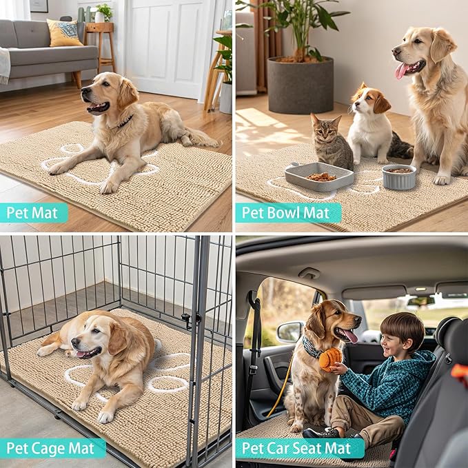 Smiry Dog Door Mat for Muddy Paws, Absorbent Dirt Trapper Non Slip Quick Dry Washable Chenille Mat for Mud Dogs, Entry Rug for Indoor and Outdoor (45x27 Inches, Beige and White)