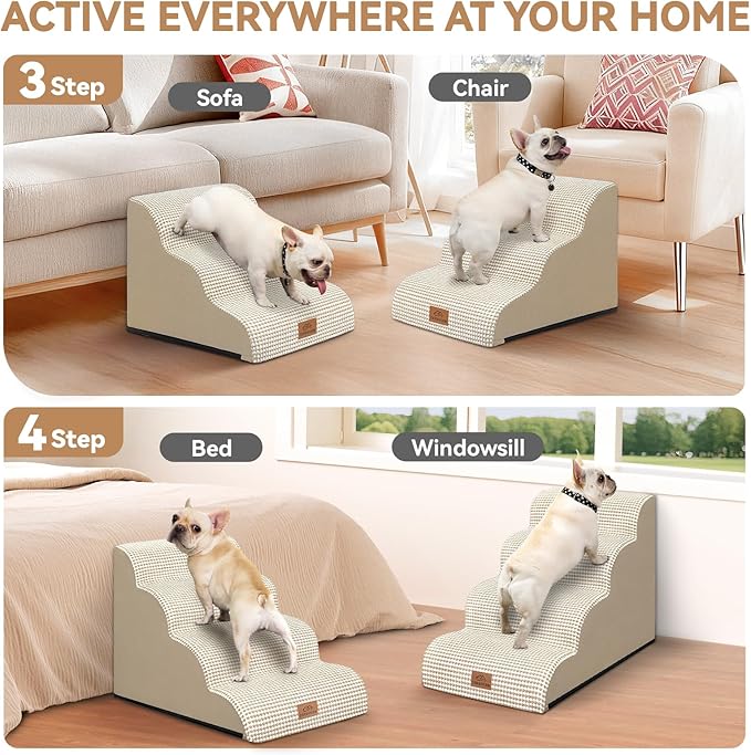 Zerbuger Dog Ramp and Stair for Bed 16" H-20 H,3-Step Cat Stair for Sofa and Chair,4-Step Dog Ramp for High Bed and Window,Durable Nonslip Fabric Cover for Indoor (Beige-20 H, Pet Friendly, 4)