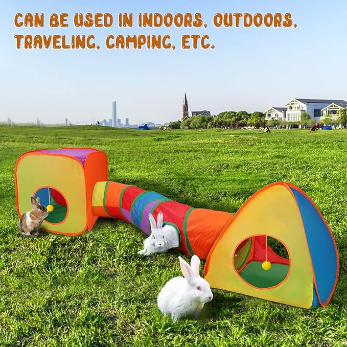 YUEPET Rabbit Tunnel and Cube Collapsible Tent Bunny Interactive Crinkle Tunnel Toys Small Animal Hideout with Play Ball for Dwarf Rabbit Bunny Guinea Pig (Rainbow)