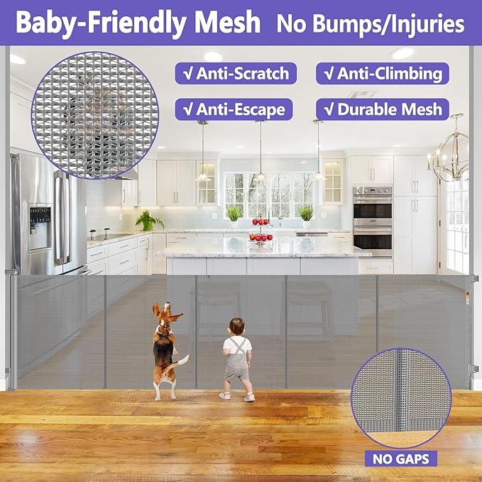 Reinforced 42" Extra Tall x 96" Wide Retractable Pet Gate with Support Rods-Prevent Crawling Under, Mesh Baby Gate Long Dog Gate Indoor/Outdoor Retractable Gate Tall Dog Gates for Doorways, Gray
