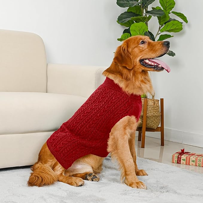 2 Pack Dog Sweaters for Large Dogs Winter Turtleneck Pullover Cable Knit Fleece Stretch Pitbull Labrador Golden Retriever Doberman Bulldog Boy Girl Pet Clothes (XXL, Pink & Red)