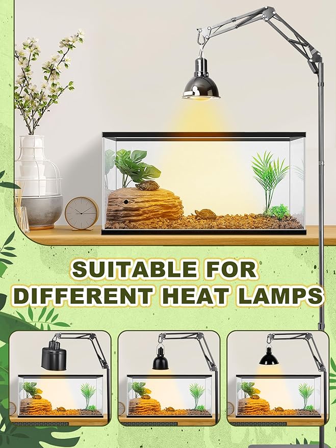 Reptile Light Stand, Heat Bulb Stand (15.7 to 74.3 inch) with Adjustable 360° Swing Arm for Terrarium, Reptile Heat Lamp Stand for Bearded Dragons, Turtles, and Chameleons (Black)