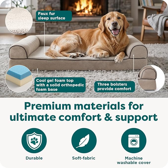 Furhaven Cooling Gel Dog Bed for Large Dogs w/ Removable Bolsters & Washable Cover, For Dogs Up to 95 lbs - Sherpa & Chenille Sofa - Cream, Jumbo/XL