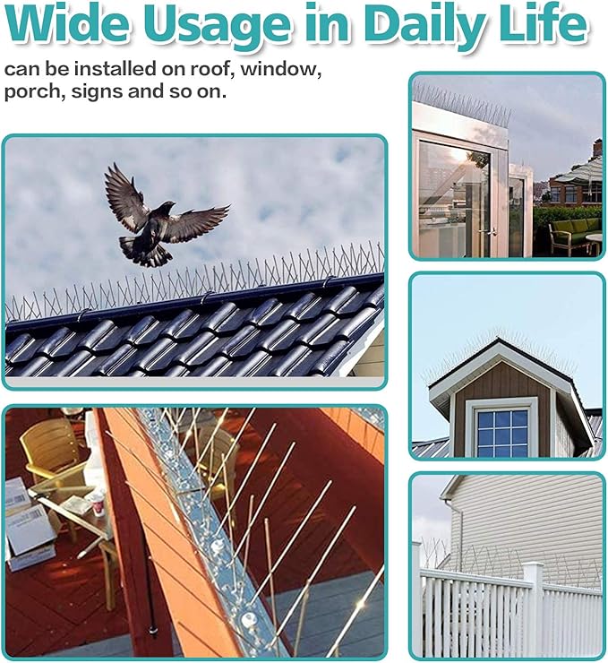 KKY Bird Spikes Stainless Steel Base, Metal Bird Repellent Nail Fence Kit, Can Be Used to Stop Pigeons and Other Small Birds, Covering 65 Feet 60 Packs.
