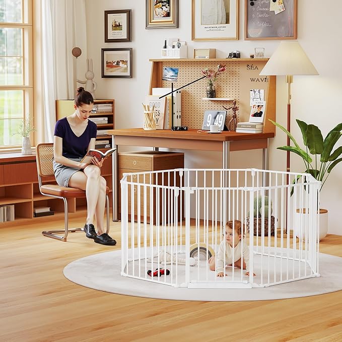 190" Extra Wide Baby Gate Playpen, Adjustable Baby Fence Play Yard, Long Dog Gates Indoor for Stair Doorway Fireplace, Large Child Gate for Toddler Kid Pet, Family Essentials Safty Gate, White