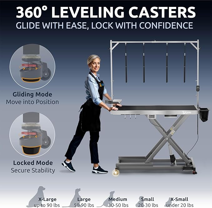 KANIS Professional Electric Dog Grooming Table - Heavy Duty, Height Adjustable Pet Grooming Table w/Leveling Wheels, Dog Grooming Arm, Anti-Slip Tabletop & Tool Organizer (Grey, 49")