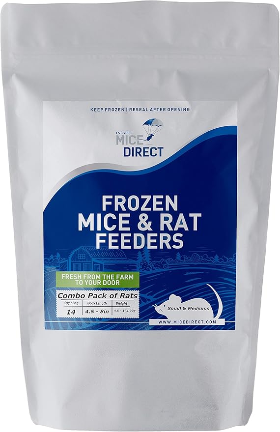 MiceDirect 14 Frozen Rat Combo Pack of Rat 7 Smalls and 7 Rat Mediums Feeders Snake Food for Ball Pythons and Reptiles (4.5-8 in)(910 Grams)