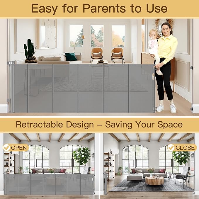 Reinforced 200 Inch Extra Long Baby Gate For Large Opening to Prevent Crawling Under, 16 ft Retractable Dog Gate for Doorway Extra Wide, Outdoor/Indoor Retractable Baby Fence to Separate Playroom,Gray