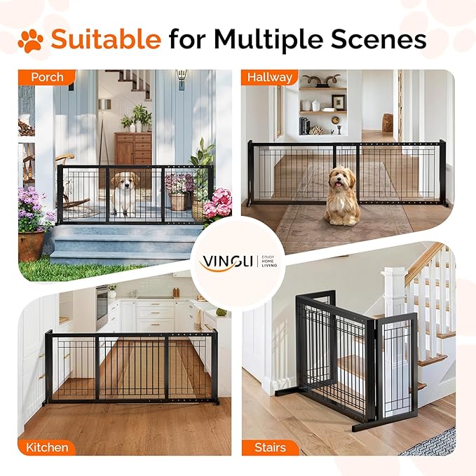 Bonnlo Free Standing Dog Gate, 37" - 68" Wide Pet Gate for Fireplace Stairs Doorways, Metal Adjustable Pet Fence Indoor, Christmas Tree Gate (Metal-Black)