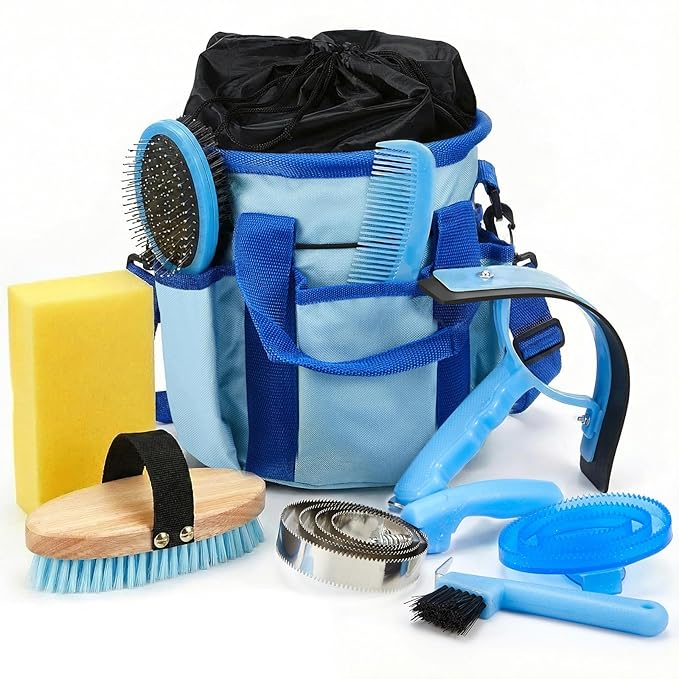 Cunhill 9 Pcs Horse Grooming Kit Tack Room Supplies Set with Tote Bag, Oval Massage Curry, Hard and Soft Brush, Hoof Pick, Sweat Scraper, Bathing Sponge, Comb for Horse Rider(Classic,Light Blue)