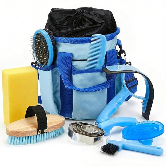 Cunhill 9 Pcs Horse Grooming Kit Tack Room Supplies Set with Tote Bag, Oval Massage Curry, Hard and Soft Brush, Hoof Pick, Sweat Scraper, Bathing Sponge, Comb for Horse Rider(Classic,Light Blue)