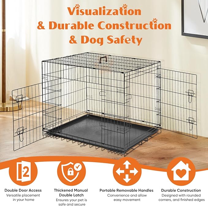 Sweetcrispy Dog Crate, 42 Inch Double Door Folding Metal Wire Dog Cage with Plastic Leak-Proof Pan Tray, Large XL Pet Kennel for Indoor, Outdoor, Travel