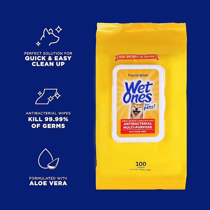 Wet Ones for Pets Multipurpose Dog Wipes with Aloe Vera, Tropical Splash Scent - Pet Bathing Wipes with Wet Lock Seal for Dog Paws & All Over Use, 100 Count - 3 Pack