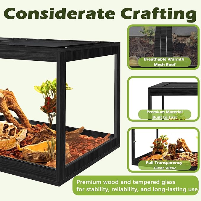 PROLEE Reptile Tank, 65 Gallon Beard Dragon Tank, Tempered Glass Reptile Encloure and Snake Tank with Locking Design for Lizard,Gecko,Chameleon (40"X19.5"X19.5",Black)