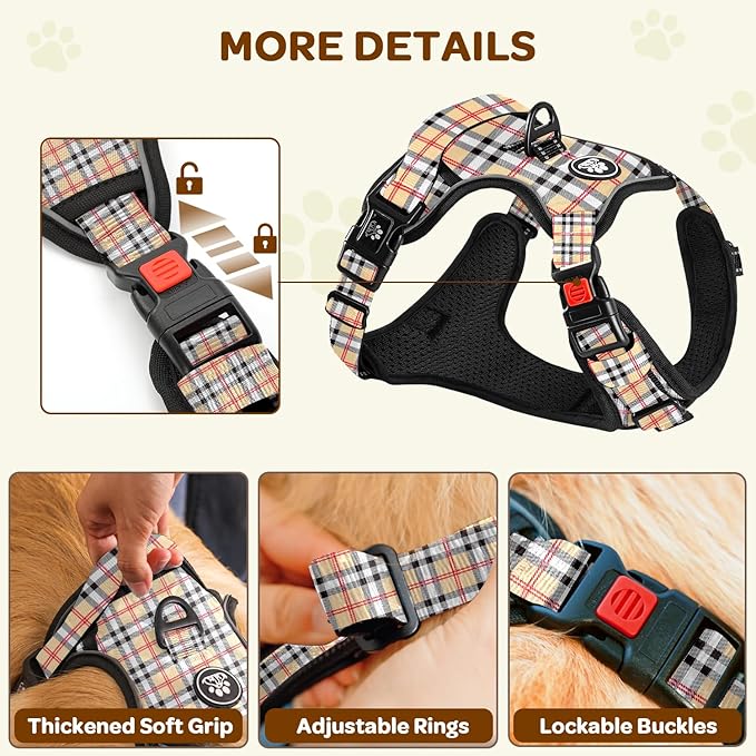 FURRYFECTION Plaid Dog Harness for Small Dogs, Reflective No Pull Adjustable Pet Vest with Front Clip, Leash, Easy Control Handle and Seat Belt, Beige&White, S