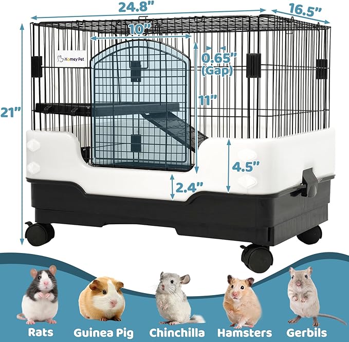 Homey Pet 2-Level Rat Cage, Small Animal Cage for Gerbil, Guinea Pig, Hamster, Chinchilla with Anti-Spray Urine Guard, Paw-Safe Mesh Floor, Removable Tray, 4 Lockable Wheels, Ramp & Platform, Black