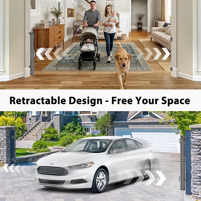 200" Extra Long Baby Gate Retractable Dog Gate, 16ft Retractable Baby Gate Extra Wide Garage Gate, 48" Tall Dog Gate Retractable Pet Gate for Wide Openings, Outdoor Retractable Driveway Gate, Gray