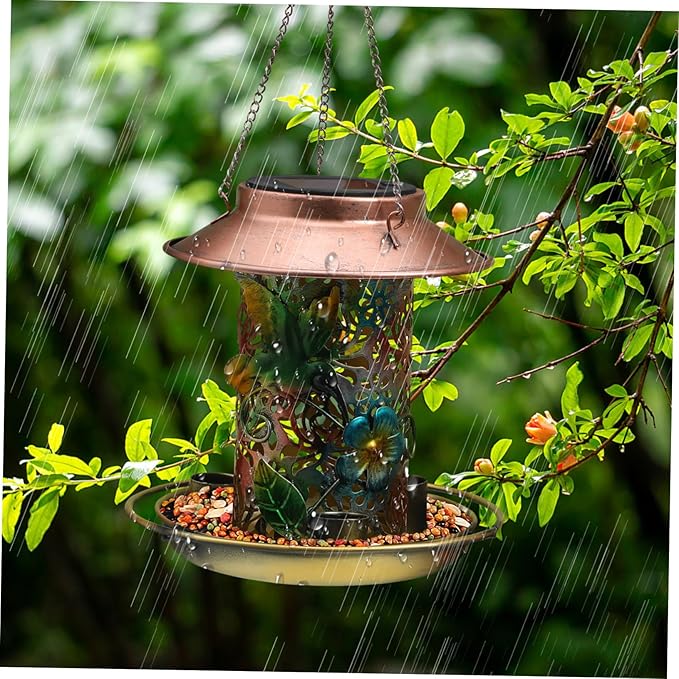 VANZACK Solar Bird Feeder Sturdy Metal Design for Outdoors Unique Hanging Bird Feeder with Elegant Patterns Water Cup for Attracting Garden Birds
