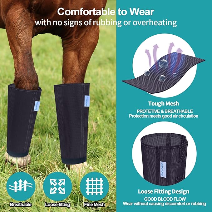 Mesh Horse Fly Boots Set of 4, Loose Fitting Leggings for Horses, Reduce Stressful Stomping, Breathable Adjustable and Universal Fit for 4 Legs, Reliable Stay Put (Black Blue)