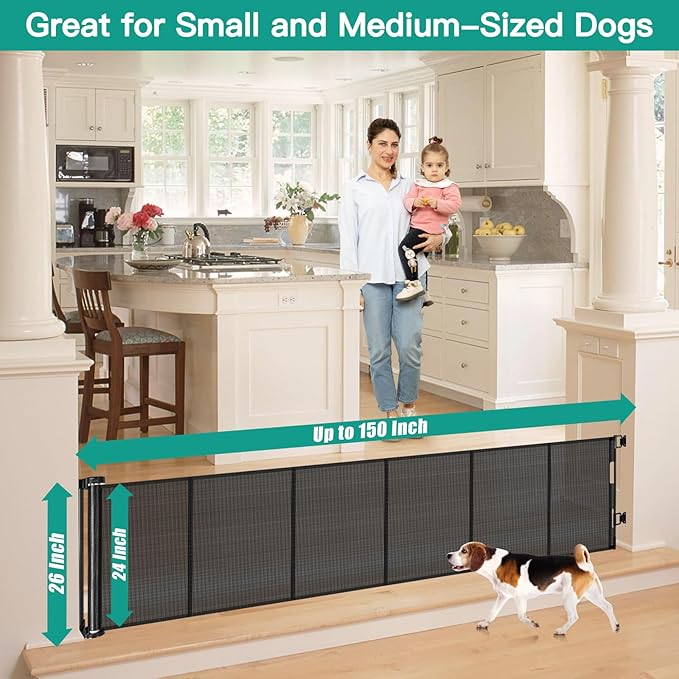 24 Inch Tall x 150 Inch Extra Wide Retractable Dog Gate for The House, Short Baby Gate to Step Over, Reinforced Mesh Puppy Gate for Doorways, Step Over Pet Gate for Stairs, Indoor/Outdoor, Black