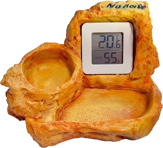 Reptile Rock-Shaped Thermometer & Hygrometer Combo with Food & Water Bowls - Multi-Functional Feeding & Hydration Station for Lizards, Geckos, Snakes & More